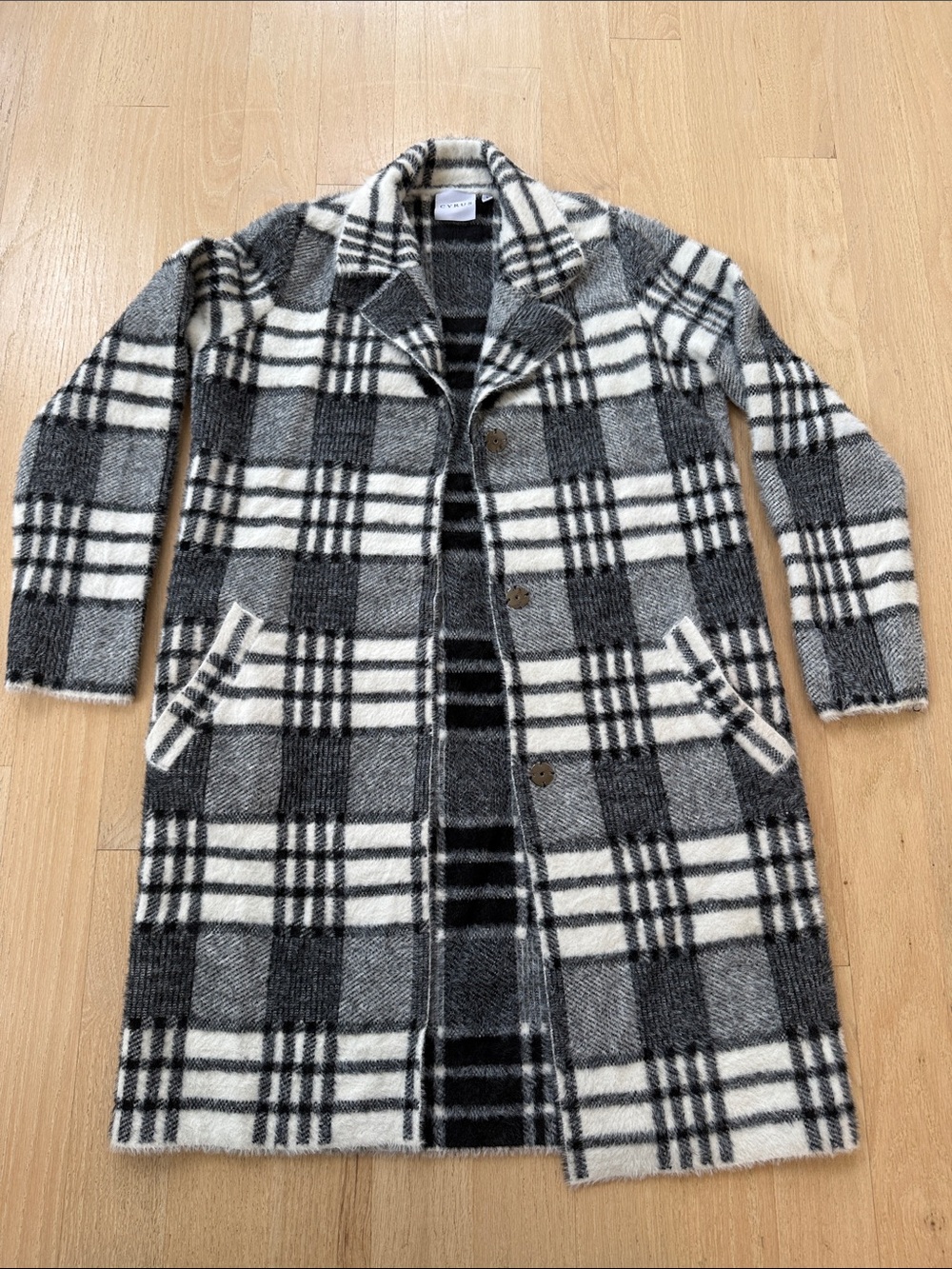 Cyrus Black & White Plaid Long Pea Coat